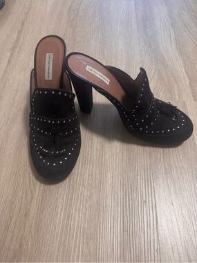 Tabitha Simmons Black Suede Studded Tassel Mules